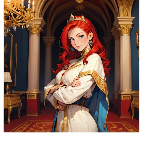 A girl with red hair and blue eyes, wearing Queen clothes, with a gentle smile, in a Palace environment. (Eight years:1.8), [vibrant colors], [oil painting], [detailed background], [soft lighting], [high resolution], [elegant atmosphere], [beautifully deta...