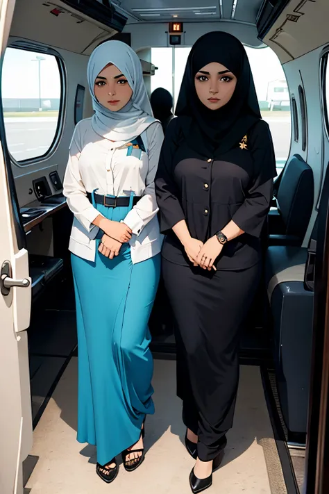 Two Muslim woman from Bahrain in a van, one dressed very elegantly the other dressed a bit more plane