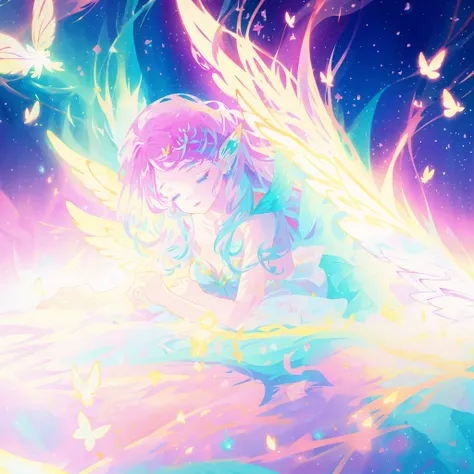 close up of a beautiful fairy girl, gradient colorful dress, fairy queen, magical fantasia background, (glowing fairy wings), long wavy hair, sparkling fairy wings, watercolor illustration, inspired by Glen Keane, inspired by Lois van Baarle, disney art st...