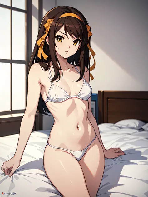 (A superb exquisite haruhi suzumiya), (haruhi suzumiya:1.5), brown eyes, brown hair, natural straight hair, hairband, ribbon, straight bangs, solo, nature, extremely delicate, straight facial features, peerless beautiful girl, soft, (sensual face), ((ecchi...