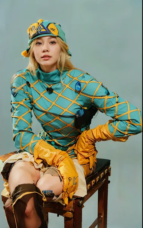 Young woman, Asian, long yellow hair, wearing a blue hat, blue long sleeve shirt. yellow gloves long pants sitting on a chair
