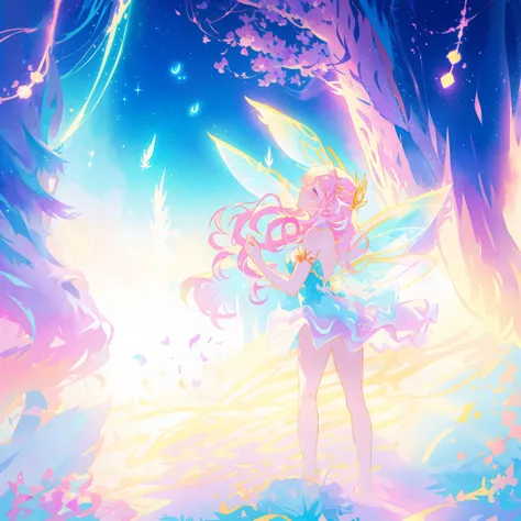 beautiful fairy girl, fairy queen, magical fantasia background, (glowing fairy wings), long wavy hair, sparkling fairy wings, watercolor illustration, inspired by Glen Keane, inspired by Lois van Baarle, disney art style, jen bartel, beautiful digital illu...