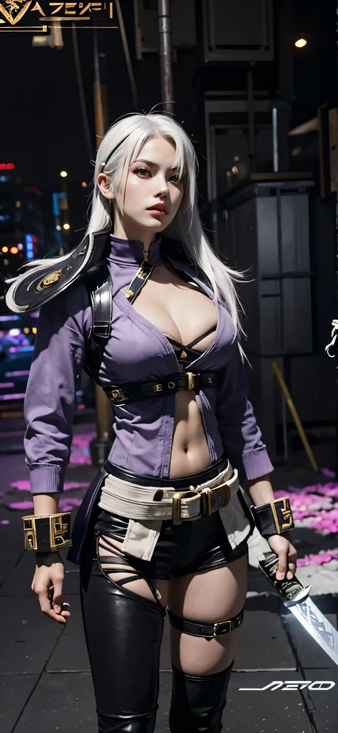 a close up of a person in a costume with a sword, as a character in tekken, female character, tifa lockhart with white hair, katana zero video game character, lunar themed attire, kda, slim body, cyborg - girl with silver hair, upper body avatar, fashion g...