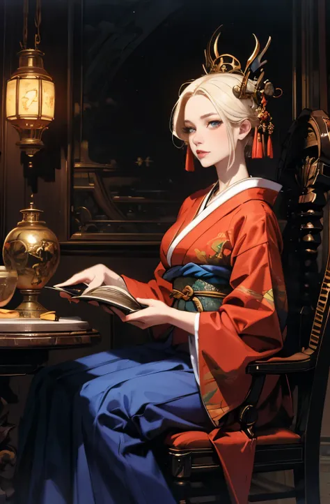 beautiful demon painting, Demon woman with a sword, woman samurai, mouth with fangs,platinum blonde demon, Beautiful red kimono, Oiran, Doji Ibaraki, Inspired by Chen Yifei, Inspired by Francesco Hayez, Inspired by Hendrik Terbruggen, Jean＝Works that influ...