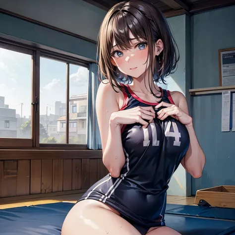 ((masterpiece)), ((highest quality)), (Super detailed), ((cute)), cute, (Lovely), ((sexy)), (device), ((very detailed)), 4K, (8K), highest quality, (beautiful), anime style, realistic, real,  (((view from front))), character focus, ((in sports gym)), 1 gir...