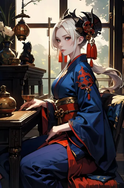 beautiful demon painting, Demon woman with a sword, woman samurai, mouth with fangs,platinum blonde demon, Beautiful red kimono, Oiran, Doji Ibaraki, Sake Drinker Doji, Inspired by Chen Yifei, Inspired by Francesco Hayez, Inspired by Hendrik Terbruggen, Je...