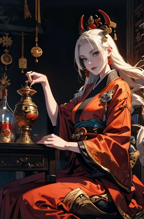 beautiful demon painting, Demon woman with a sword, woman samurai, mouth with fangs,platinum blonde demon, Beautiful red kimono, Oiran, Doji Ibaraki, Sake Drinker Doji, Inspired by Chen Yifei, Inspired by Francesco Hayez, Inspired by Hendrik Terbruggen, Je...