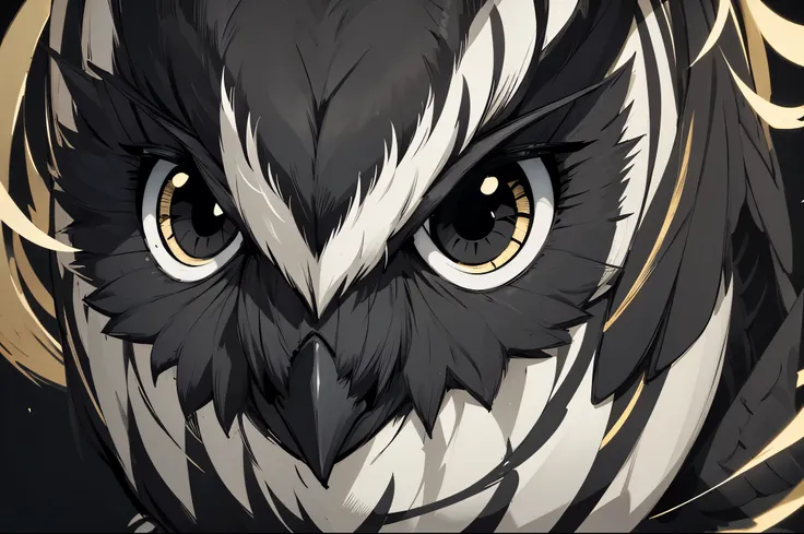 owl line art, black background, (black, white and gold only 1.2), menacing