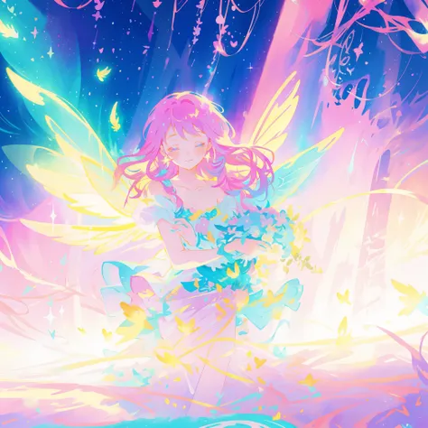 close up of a beautiful fairy girl, gradient colorful dress, magical fantasia background, (glowing fairy wings), long wavy hair, sparkling fairy wings, watercolor illustration, inspired by Glen Keane, inspired by Lois van Baarle, disney art style, jen bart...