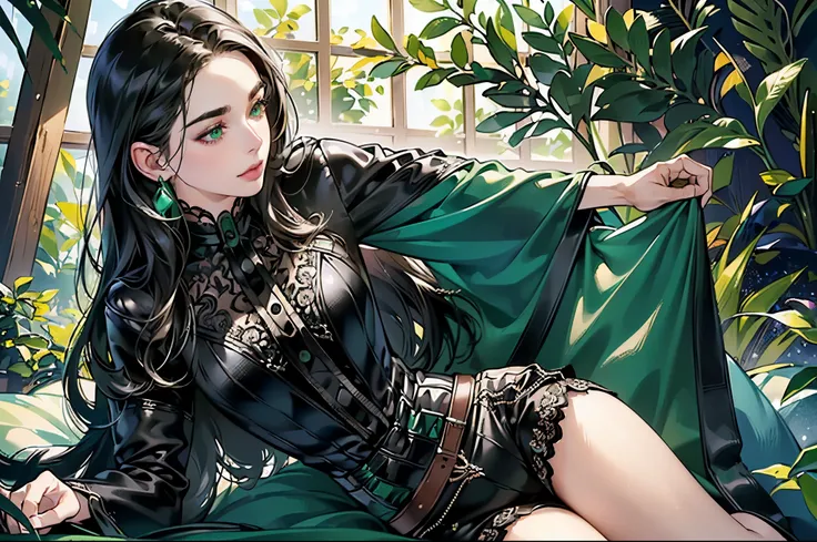 (best quality,4k,8k,highres,masterpiece:1.2),ultra-detailed,(realistic,photorealistic,photo-realistic:1.37),long hair,green eyes,black hair,beautiful detailed eyes,beautiful detailed lips,[black lace blouse],[patterns on blouse],leather shorts,thigh-length...