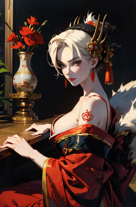 beautiful demon painting, Demon woman with a sword, woman samurai, mouth with fangs,platinum blonde demon, Beautiful red kimono, Oiran, Doji Ibaraki, Sake Drinker Doji, Inspired by Chen Yifei, Inspired by Francesco Hayez, Inspired by Hendrik Terbruggen, Je...