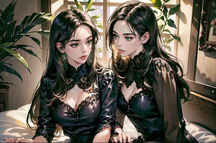 (best quality,4k,8k,highres,masterpiece:1.2),ultra-detailed,(realistic,photorealistic,photo-realistic:1.37),long hair,green eyes,black hair,beautiful detailed eyes,beautiful detailed lips,[black lace blouse],[patterns on blouse],leather shorts,thigh-length...