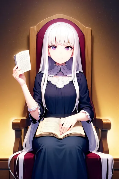 Chica anime, pelo blanco muy largo, pale skin, vestido blanco, She is sitting on a medieval chair where in her hands she holds a leather book with a star on the cover, ella esta leyendo ese libro y de el salen muchos insectos, que recorren todo su cuerpo, ...