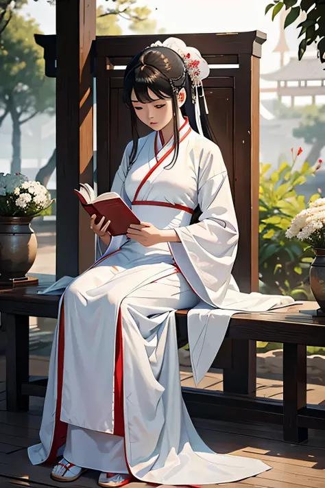 Araf woman in white dress sitting on bench and reading book, white hanfu, palace ， girl wearing hanfu, flowing White robe, hanfu, Wearing ancient Chinese clothes, Paired with ancient Chinese costumes, Inspired by Tang Yin, White robe, flowing robe, Chinese...