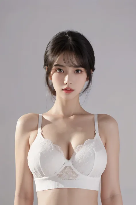 （lifelike,high resolution：1.3）， A slim girl， The face shape and eyes are super delicate,black hair,red glossy lips,(beautiful face), (best quality), (Super detailed), (Extremely detailed CG unified 8k wallpaper),((SPORT BRA)),(White background),(cleavage),...