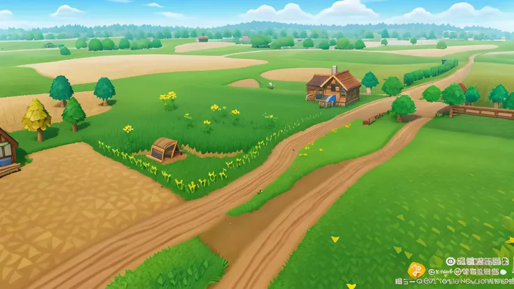 Calm。There is a field where you can see the plowed soil all over.。a sunny day。game style graphics。Similar to Animal Crossing: New Horizons。