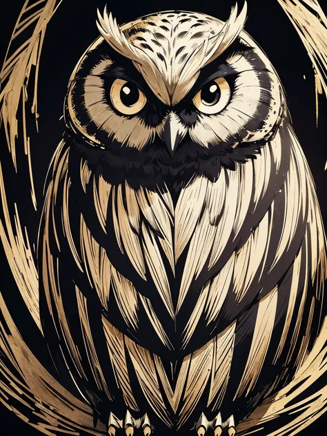 owl line art, black background, (black, white and gold only 1.2), menacing