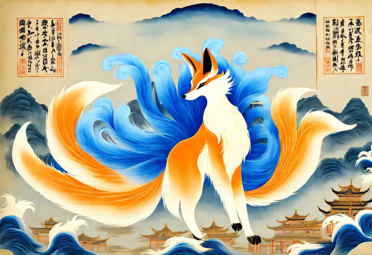 the nine-tailed fox, the mythical beast in ancient chinese classic of mountains and seas，a fox face，half body，some of the nine t...