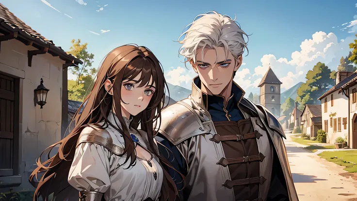 1 handsome man, 1 beautiful girl, man in white hair, girl in brown hair, in a small village, countryside, blue sky, medieval times, knight, confused face, face detailed, plump lips, no expression, calm face, detailed eyes, detailed nose,