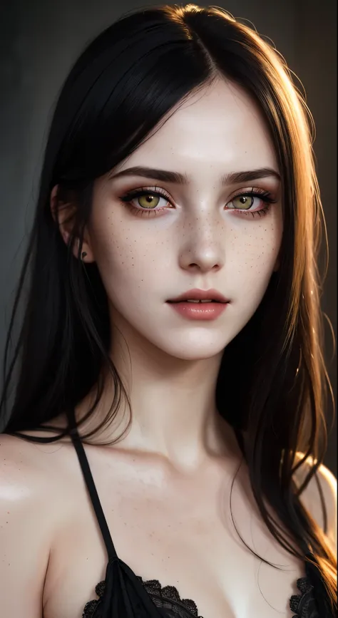 (best quality, hyperdetailed photography:1.2), beautiful lady, freckles, yellow eyes, black hair, pale skin,dark makeup, soft light, head and breast portrait, cover, (detailed beautiful face, detail skin texture, ultra-detailed body:1.1) sexy vampire girl,