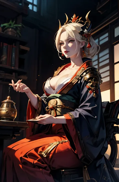 A picture of a beautiful demon standing, Demon woman with a sword, powerful female samurai, mouth with fangs,platinum blonde demon, Beautiful red kimono, Oiran, Doji Ibaraki, Sake Drinker Doji, Inspired by Chen Yifei, Inspired by Francesco Hayez, Inspired ...