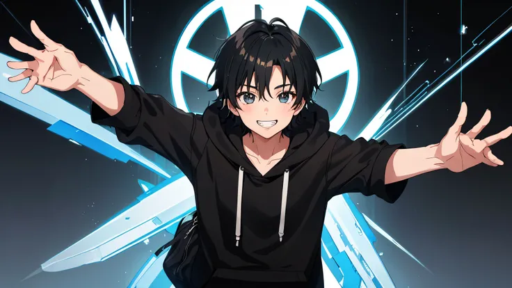 1 boy,8k,beautiful,Grin,baby face:1,black short hair, Hoodie, Japanese Anime Art, 18 years old