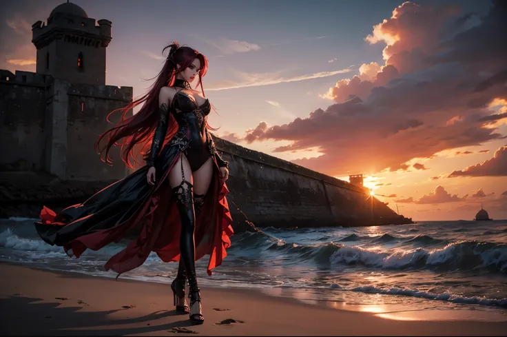 Melancholic sunset at an elongated beach, an elegant woman dressed in cybergoth style with a Crimson rose on her hair, a medieval fortress in an island, highly detailed.