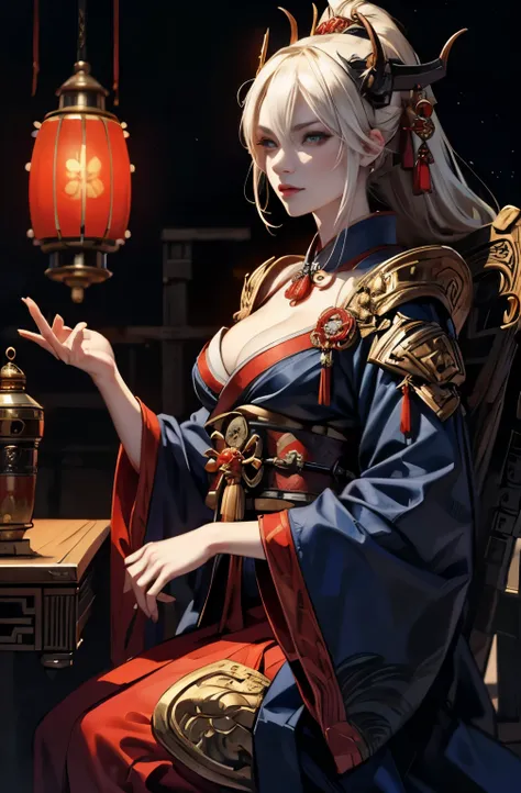 A picture of a beautiful demon standing, Demon woman with a sword, powerful female samurai, mouth with fangs,platinum blonde demon, Beautiful red kimono, Oiran, highest ranking woman, Doji Ibaraki, Sake Drinker Doji, Inspired by Chen Yifei, Inspired by Fra...