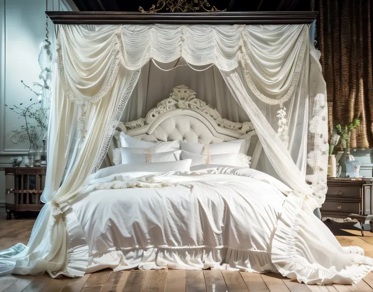 ,highest quality, masterpiece, highest resolution, artwork, super それにget used to it, many get used to it, get used to it, それにget used to it, 3K realistic photos,,Pillow with large frills and ribbons,Detailed pillow,白い贅沢なcanopy bed,canopy bed,Luxury curtain...