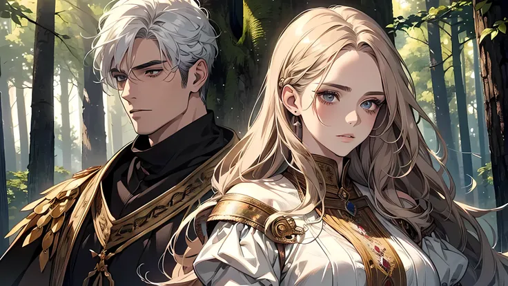 1 handsome man, 1 beautiful girl, man in white hair, girl in brown hair, in a forest, medieval times, knight, confused face, face detailed, plump lips, no expression, calm face, detailed eyes, detailed nose
