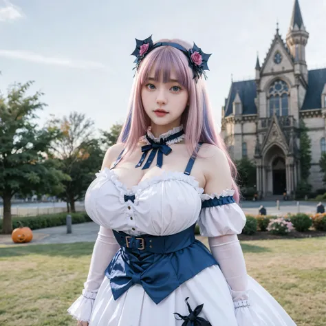 Gorgeus Girl, Beautiful, Baby Face, 20 Years Old, White Skin, Colossal Breasts, Side Pose, Gothic Straps, White Gothic Outfit Costumes Halloween, Blue Eye, Muscles, Bokeh, Modern Place Background, Masterpiece, Fullbody Shot, Straight Pink Hair