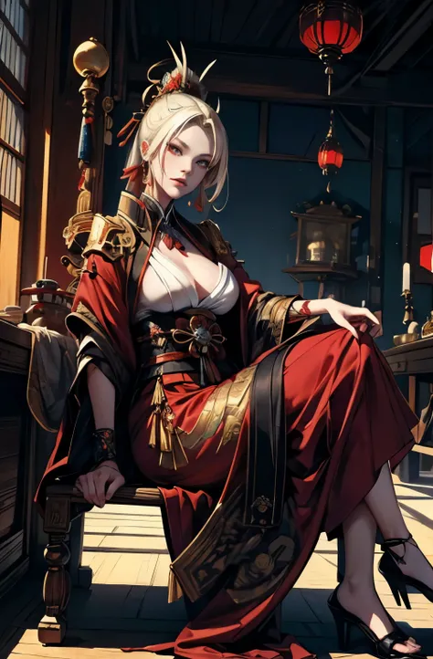 A picture of a beautiful demon standing, Demon woman with a sword, powerful female samurai, mouth with fangs, gambler, platinum blonde demon, Beautiful red kimono, Oiran, highest ranking woman, Female Yakuza, Doji Ibaraki, Sake Drinker Doji, Inspired by Ch...