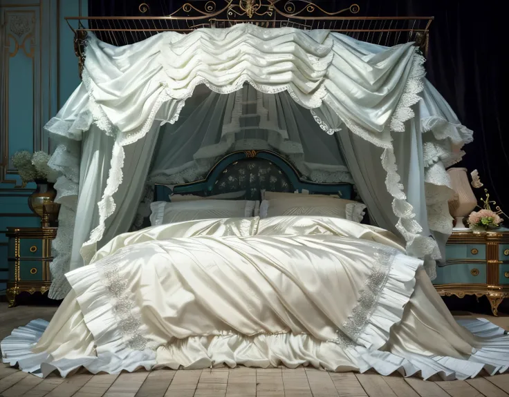 ,highest quality, masterpiece, highest resolution, artwork, super それにget used to it, many get used to it, get used to it, それにget used to it, 3K realistic photos,,Pillow with large frills and ribbons,Detailed pillow,白い贅沢なcanopy bed,canopy bed,Luxury curtain...