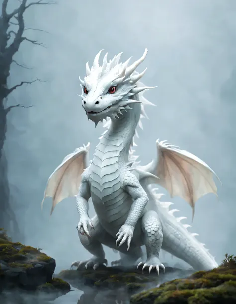 cute little white dragon in thick fog