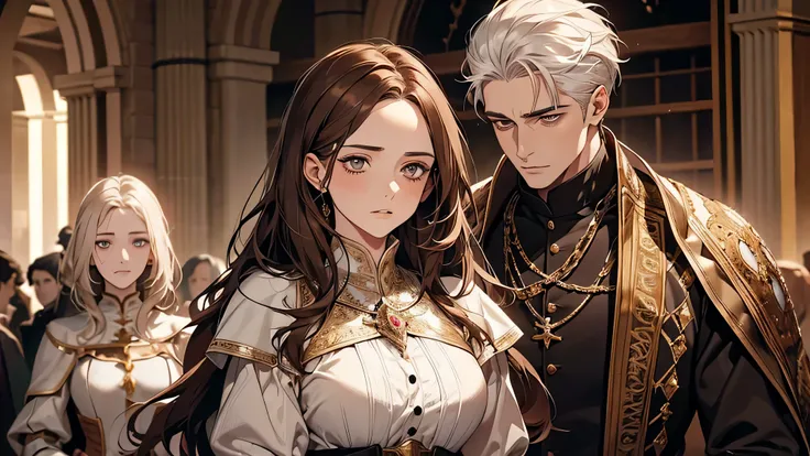 1 handsome man, 1 beautiful girl, man in white hair, girl in brown hair, in a townhall, medieval times, knight, confused face, face detailed, plump lips, no expression, calm face, detailed eyes, detailed nose