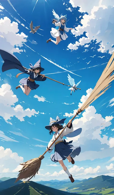 3girls, (3 wizard racing with broomstick), absurdes, japanese wizard, detailed art, imperfection, glam, fantasy, on a bright afternoon, cute wizards are racing on flying brooms under the blue sky. They weave through the clouds, fiercely competing and chasi...