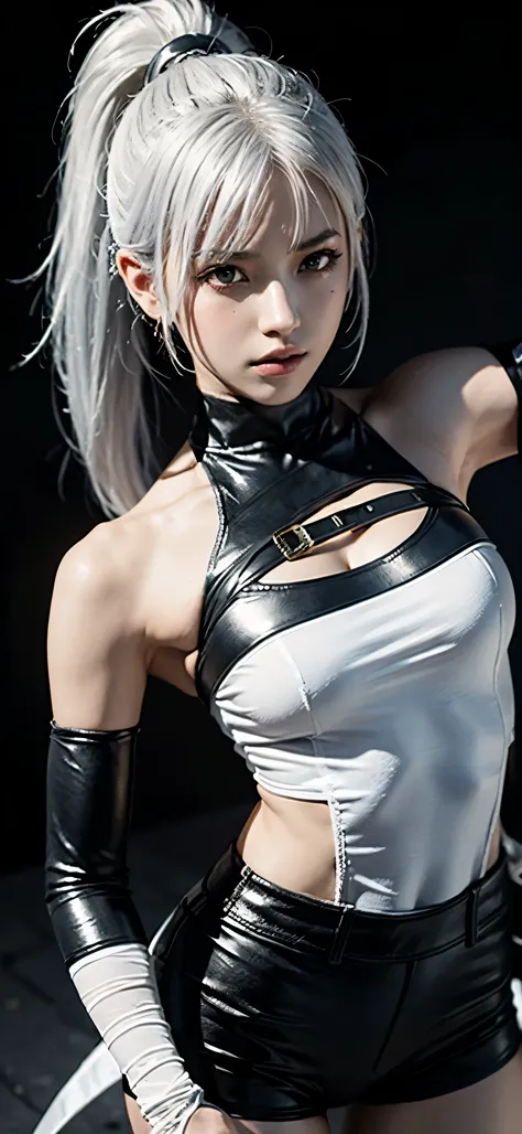 a close up of a person in a costume with a sword, as a character in tekken, female character, tifa lockhart with white hair, katana zero video game character, lunar themed attire, kda, slim body, cyborg - girl with silver hair, upper body avatar, fashion g...