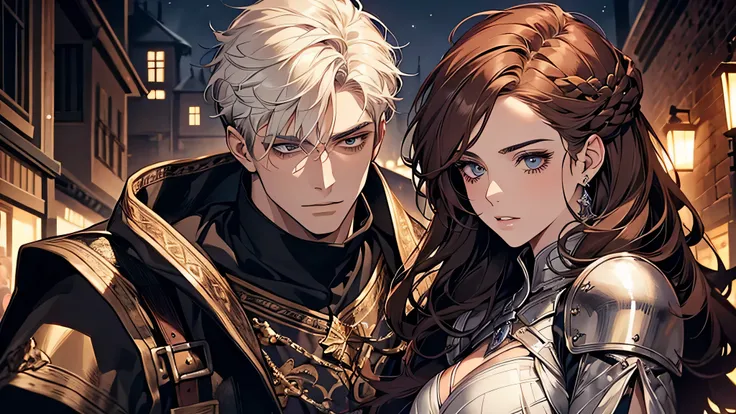 1 handsome man, 1 beautiful girl, man in short white hair, girl in brown hair, medieval times, knight, confused face, face detailed, plump lips, no expression, calm face, detailed eyes, detailed nose, night time, dark alley