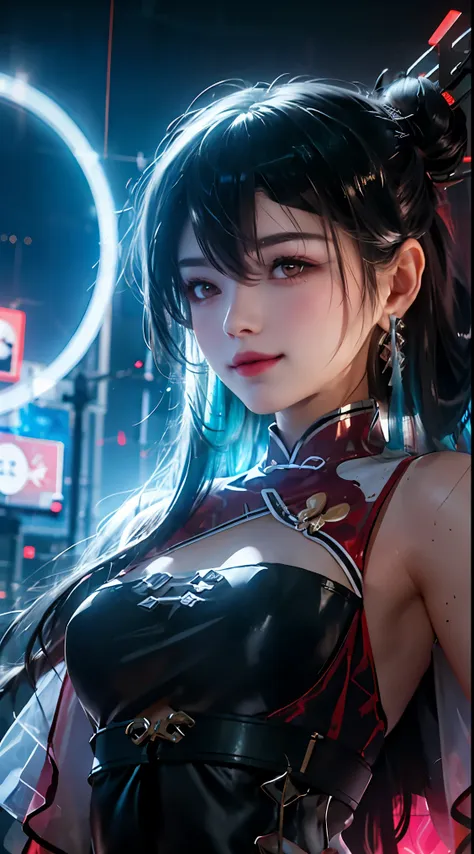 1 girl, chinese_clothes, liquid silver and red, cyberhanfu, cheongsam, cyberpunk city, dynamic pose, glowing headphones, glowing...