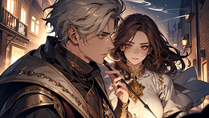 1 handsome man, 1 beautiful girl, man in short white hair, girl in brown hair, medieval times, knight, confused face, face detailed, plump lips, no expression, calm face, detailed eyes, detailed nose, night time, dark alley, girl using magic, magic arrow i...