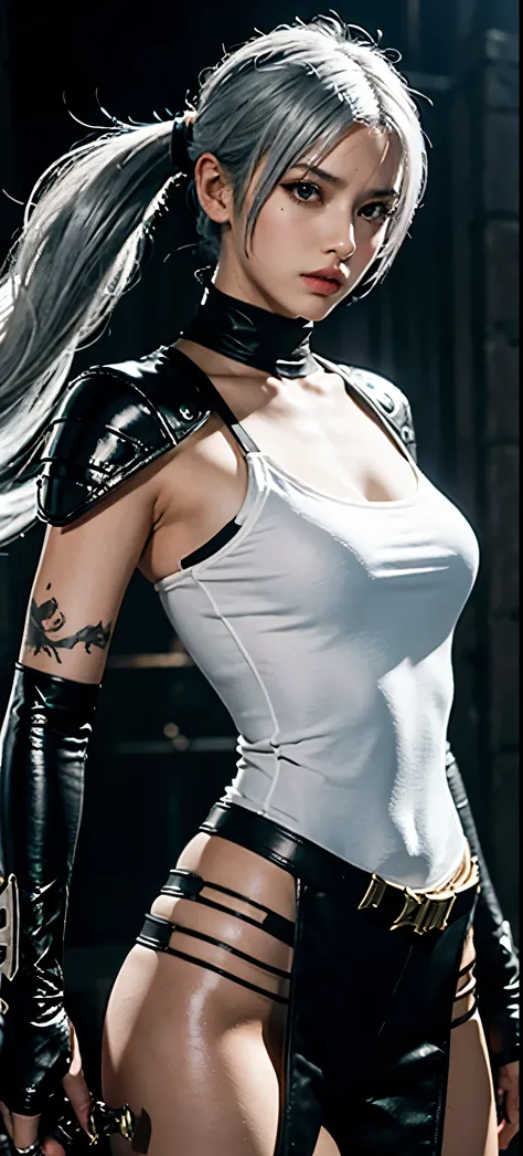 a close up of a person in a costume with a sword, as a character in tekken, female character, tifa lockhart with white hair, katana zero video game character, lunar themed attire, kda, slim body, cyborg - girl with silver hair, upper body avatar, fashion g...