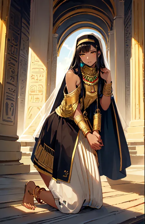 (kneeling position:2.0)(brown skin：1.5)same character，long black hair,Standing close-up,civilization,Mature beauty,Long narrow eyes,wheat colored skin,Qi bangs,golden eyes,(eye shadow,makeup feel),Ancient Egyptcivilization,Oasis background,(The Nile,Nile R...