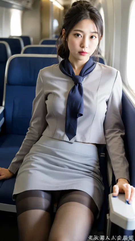 (High quality、high details、8k)、((stewardess))、ANA、(Hair up、chignon、Bun、Night party roll、french twist、light gray jacket 5、dark gray tight skirt 10、blue line 5、blue scarf 5、black pantyhose 6、white panties、between legs、underwear  、nipple、female organ)、(Japane...