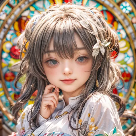 KAWAII girl in ((WHITE)) (loose opened uniform), with Glossy RED lips, (Exposed:0.9), (nipple:-1), { Extremely closeup | Dynamic-angle }, ((Dazzling stained glass Background)), (( colorful Light pours down from stunning elaborate stained glass:1.2)), vivid...