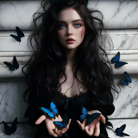 Un primer plano de una mujer con cabello largo y ojos azules, black mariposas,  earley, mariposas, Natalie Shau tom bagshaw, Masha Krasnova, Steven Meisel, Dark Gothic queen with blue eyes, muchos Merlot, Amy Judd, editorial photograph, Artstyle Tom Bagsha...