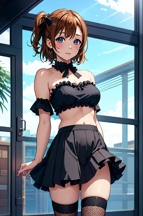 masterpiece, best quality,kousaka honoka, strapless black crop top, micro skirt, fishnet thighhighs,big breasts, standing , blus...