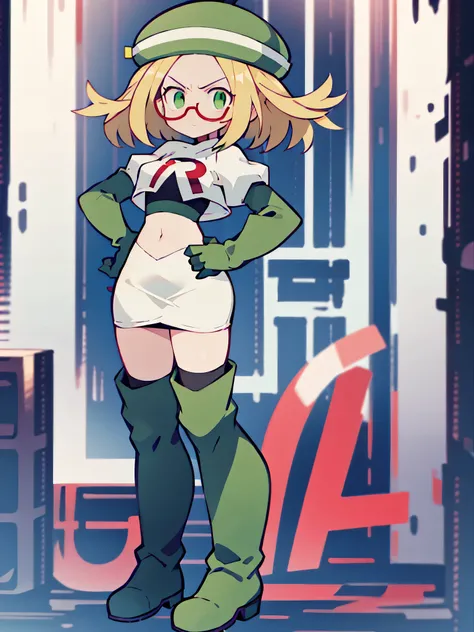 masterpiece, best quality, highres,team rocket uniform, red letter r, white skirt, white crop top, black thigh-high boots, black elbow gloves, glaring angrily, looking at viewer, hands on hips, full body seen, zettai ryouiki, Bianca, green hat, glasses