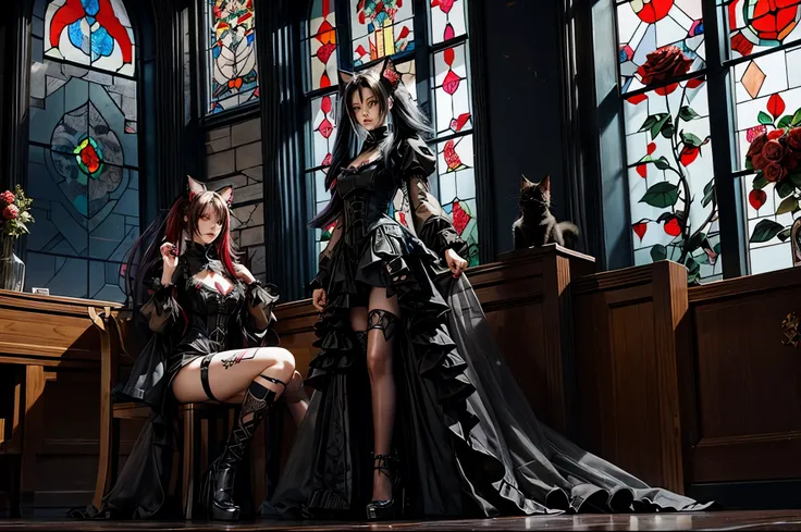 A cybergoth style cat cafe, with only black cats with elongated necks, decorated with medieval style stained glass windows and Crimson roses, many costumers with melancholic appearance drinking tea.