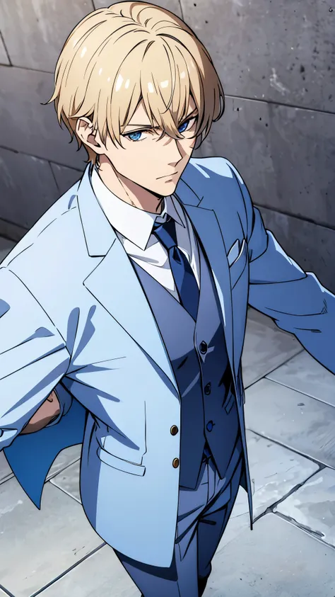 Handsome man wearing a suit and collar chain, blue eyes