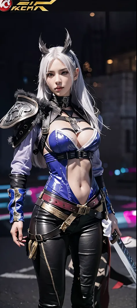 a close up of a person in a costume with a sword, as a character in tekken, female character, tifa lockhart with white hair, katana zero video game character, lunar themed attire, kda, slim body, cyborg - girl with silver hair, upper body realistic, fashio...